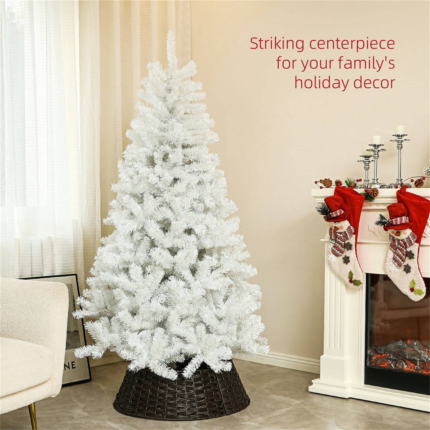 Hommoo Decorations,6ft Tall Artificial Christmas Tree, Unlit Xmas Tree with 1000 Branch Tips, Auto Open, Steel Base, Holiday Décor for Home Office,White