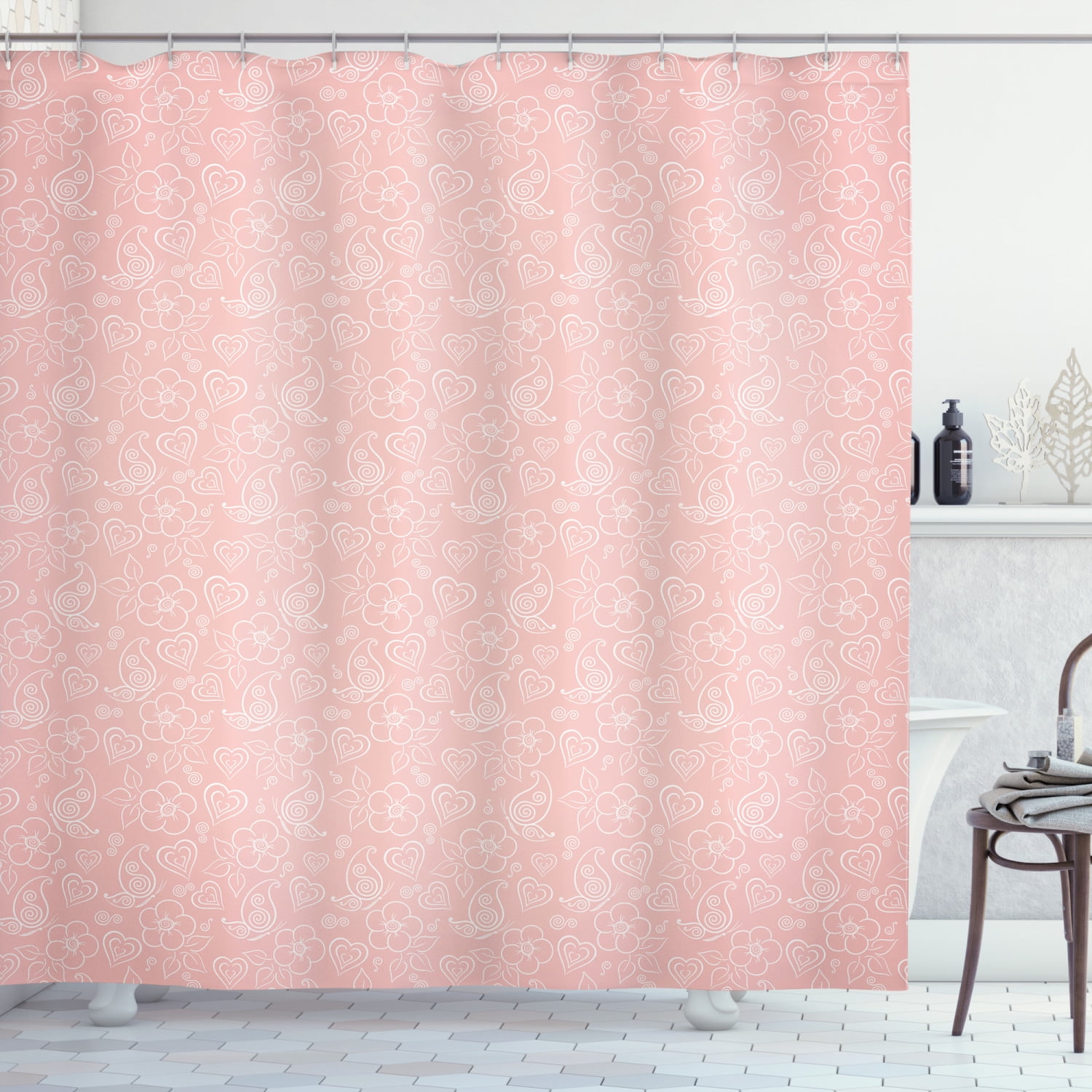 Pale Pink Shower Curtain, Cute Flowers Spiral Leaves Heart Figures