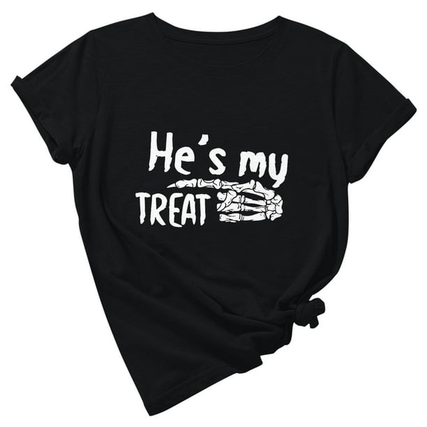 He Is My Treat Skull Hand Direction Halloween Drop Sleeve Vintage Print Loose manga corta para hombres y mujeres Top Pompotops hkajfhjk456831