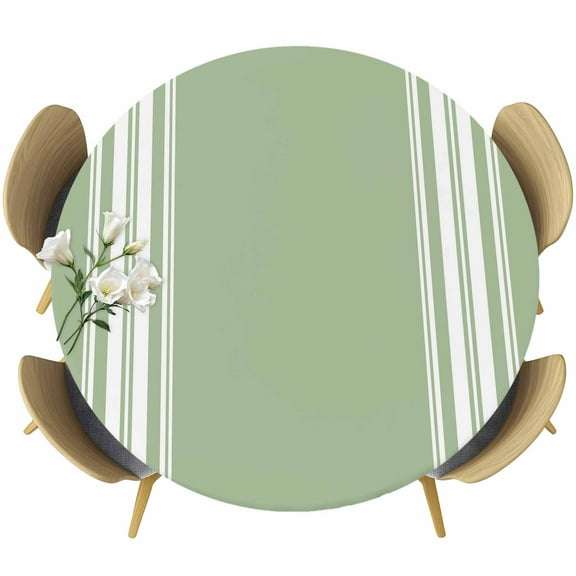 Sage Green Fitted Tablecloth with Elastic Edged, Round Table Cloth for Dining Table, Farmhouse Sage Green White Striped Waterproof Oil Proof Table Cover for Indoor Outdoor 45"-54"