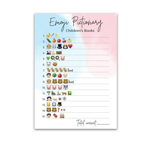 GENDER REVEAL Party Game — Pack of 25 — Minimalist Emoticons Pictionary Children's Baby Shower Games Activities, Pink or Blue Gender Neutral Co-Ed Couples Shower Activity Roseum Collections G752-EMJ