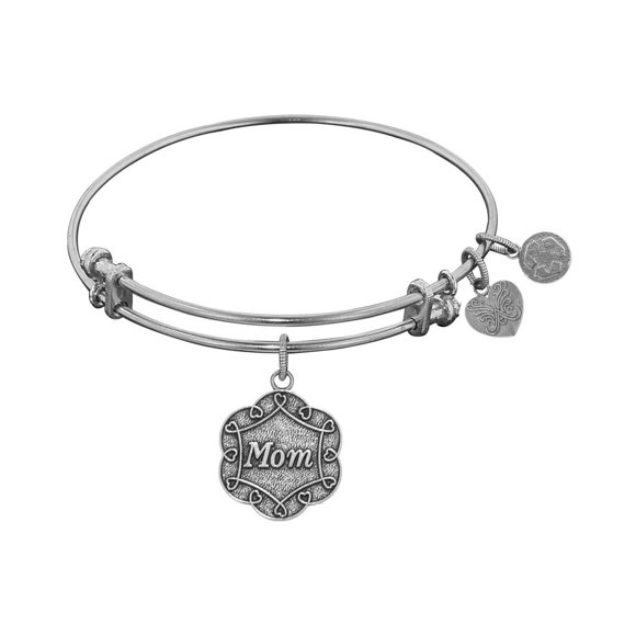 White Stipple Finish Brass Mom On 7 Leaf Flower Like Charm Angelica Bangle Bracelet, 7.25"