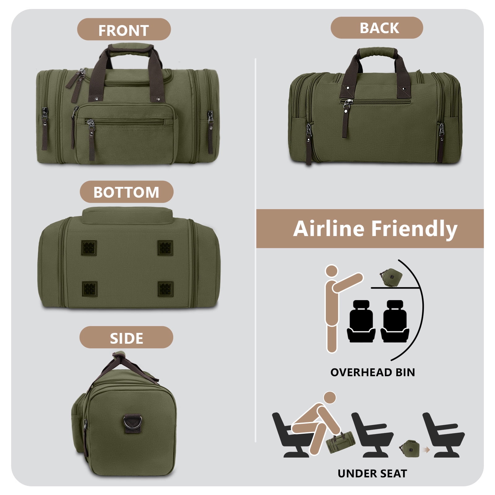 DAKOMM Canvas Duffle Bag 50L, Duffle Bag for Travel Expandable Duffel Bags Waterproof Weekender Overnight Travel Bag Gym Carry On Luggage Bag for Men & Women (Army Green)