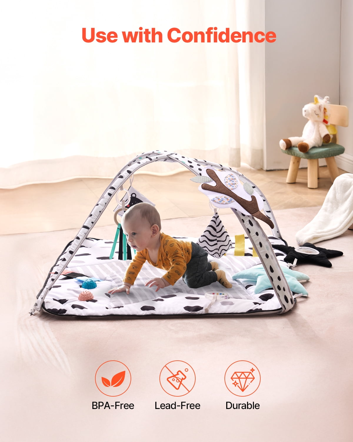VEVOR Baby Play Gym Mat,Tummy Time Mat with 6 Sensory Toys, Baby Activity Mat with 2 Touch Balls & Soft Fabric for Sensory & Motor Skill Development, Baby Essential Gift for 0-18 Month Newborn Infant