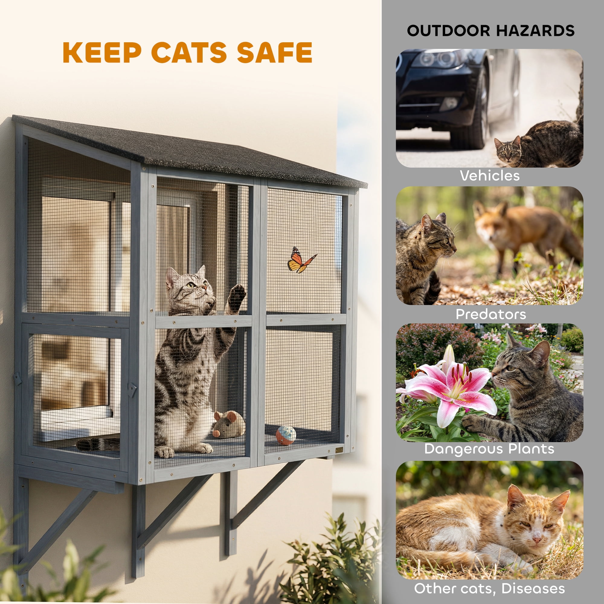PawHut Catio Outdoor Cat Enclosure Window Box Outdoor Cat House with Waterproof Roof 39.4"L Gray