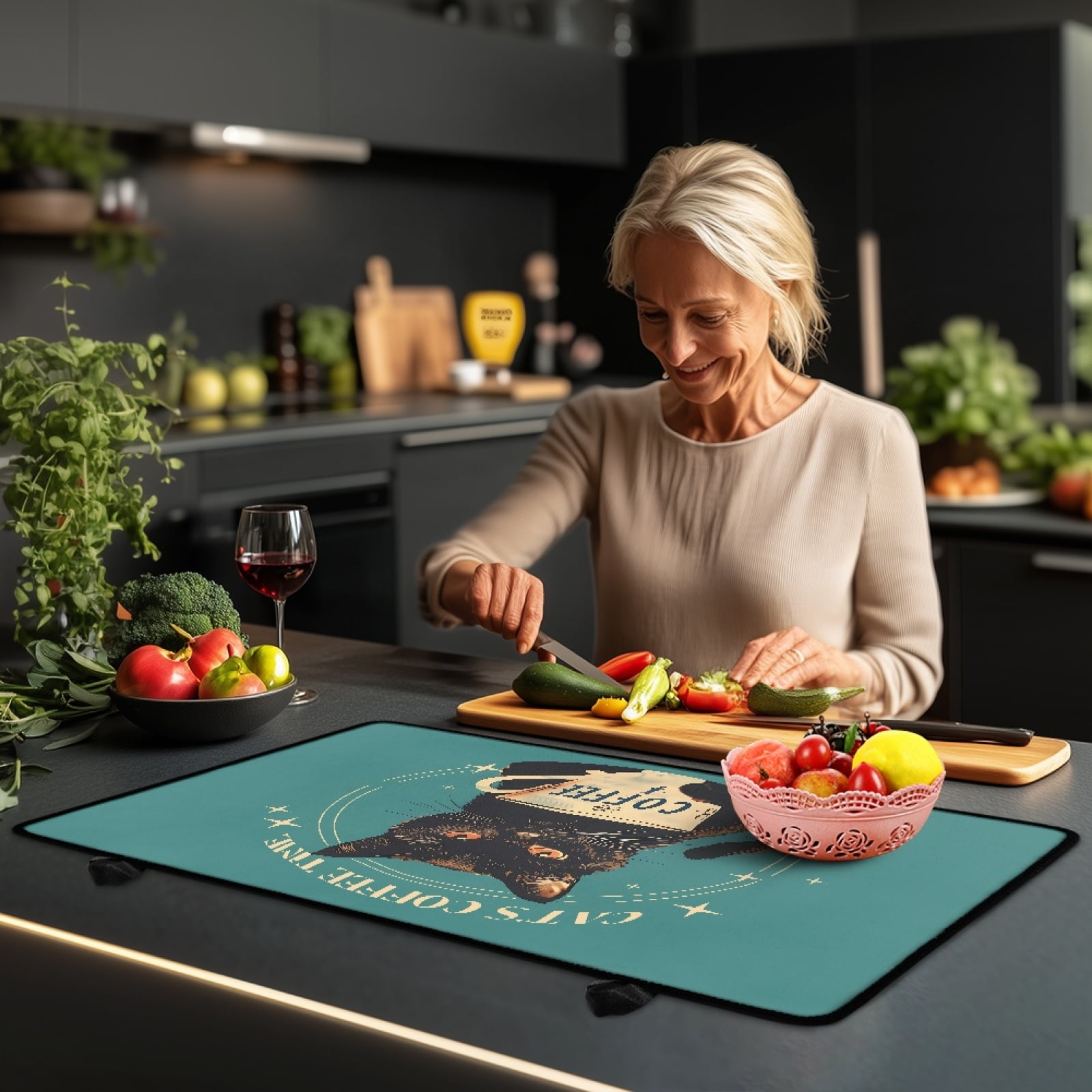 ZIATUBLE Stove Covers for Electric Stovetop Multipurpose Flat Top Stove Cover Mat Anti-Scratch Induction Cooktop Protector Cover with Rubber Backing, 29 x 21 Inch, Black Cat Coffee Time