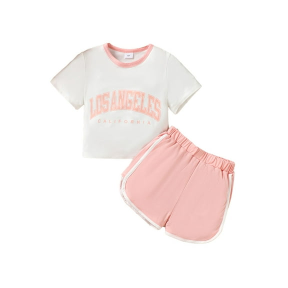 Mikrdoo Summer Outfits For 4Y,5Y,6Y,7Y Girls Letter Print Short Sleeve Tee Elastic Sport Style Shorts 2Pcs Clothing Set Pink