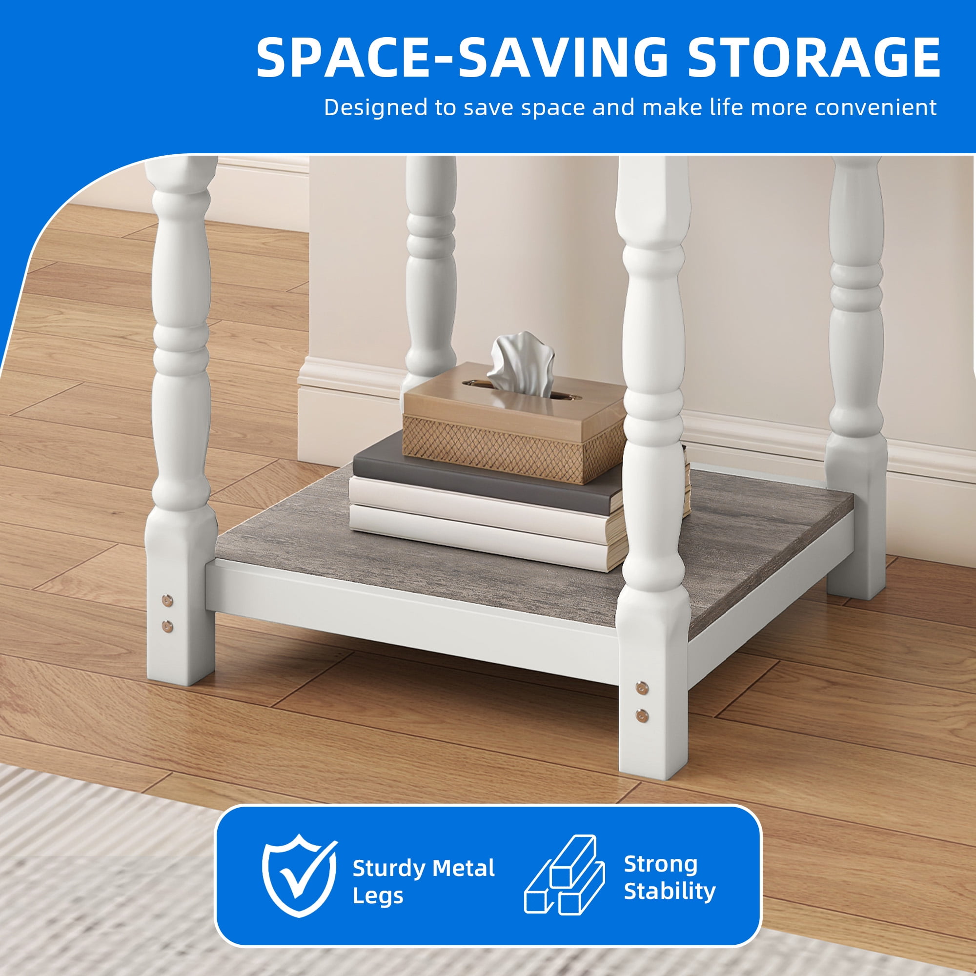 DEXTRUS Square End Table with Storage Shelves, Classic Side Table for Living Room, White & Gray