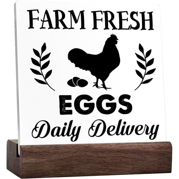 Rustic Kitchen Sign Decor,Farm Fresh Eggs Daily Delivery Farmhouse Kitchen Decor For Kitchen Shelf Counter Desk Table Decor Ceramic Plaque With Wooden Base