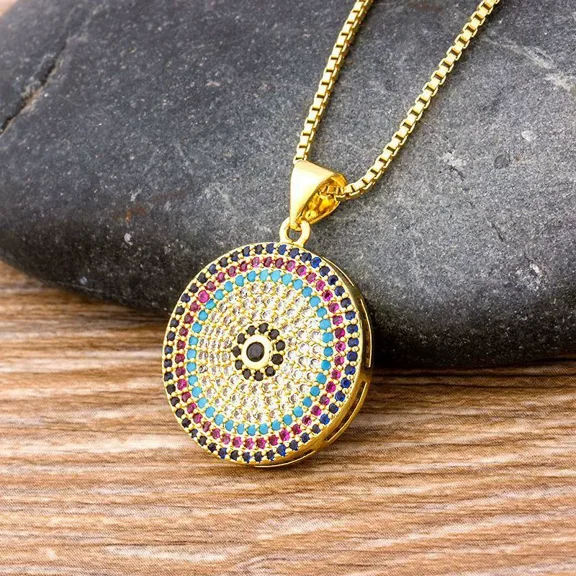 New Design Turkish Evil Eye Round Pendant Trendy Girs Micro Pave CZ Lucky Jewelry Colorful 14K Yellow Gold Necklace Best Birthday Party Gifts
