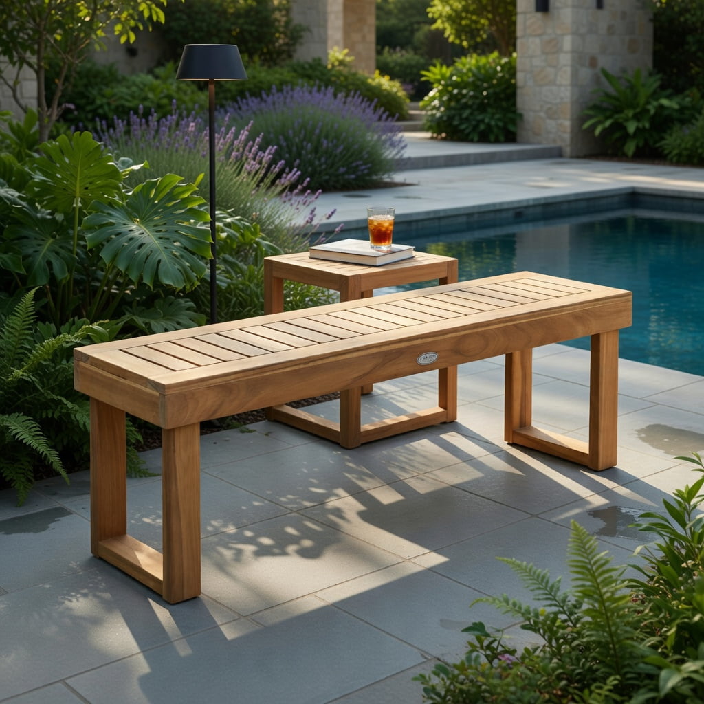 Hommoo 52" Solid Acacia Wood Outdoor Dining Bench, Teak-Colored Slatted Patio Bench for Backyard, Poolside & Indoor Use, Natural