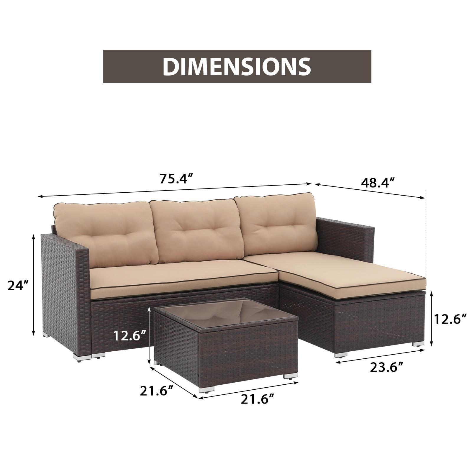 JOIVI 3 Pieces Patio Conversation Set, PE Wicker Rattan Outdoor Furniture Set, 2 Ways Small Sectional Sofa with Cushions, Tempered Glass Coffee Table, Beige