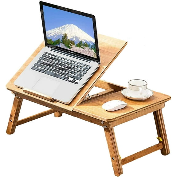 Easy Desk Bamboo Laptop Desk Laptop Table with USB Cooling Fan Adjustable Portable Breakfast Serving Bed Tray Foldable and Drawer, 22” Tilting Tray Top Surface