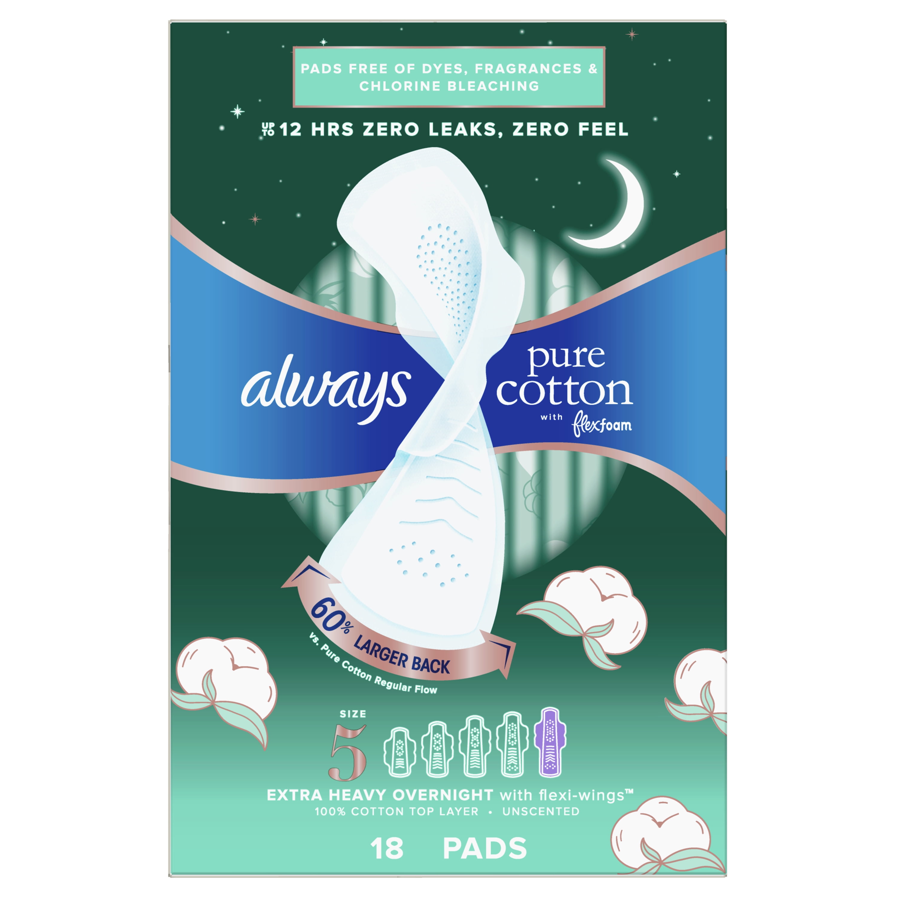 Always Pure Cotton with FlexFoam Pads Extra Heavy Overnight Absorbency