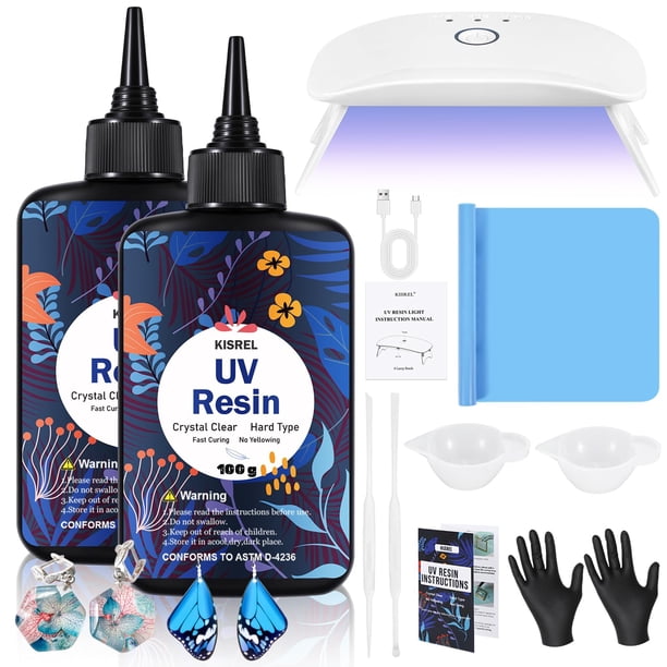 KIT KISREL Resina UV con Luz - Kit de Resina UV de Curado Ultravioleta de Tipo Duro Mejorado de 200g Cristal Claro, 8 Perlas de Luz UV, Kit de Resina con Luz para Hacer Joyería de Manualida