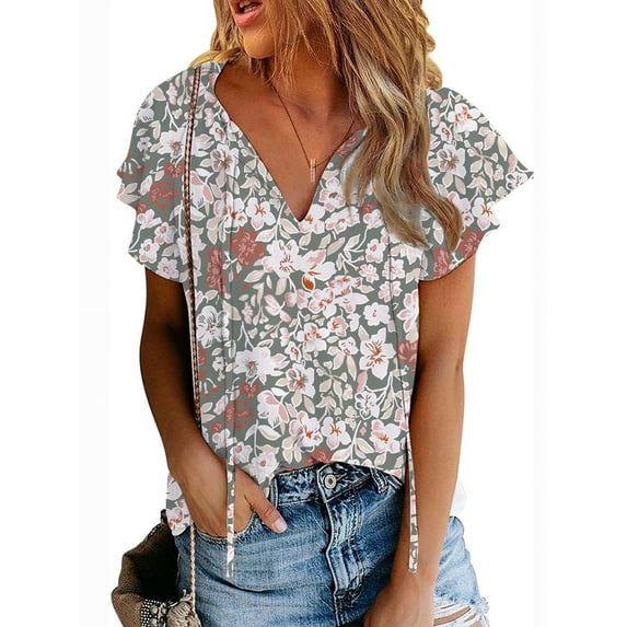 DYMADE Womens Basic Tops Tie-Front Solid Floral Short Sleeve V-Neck Casual T-Shirt Blouse