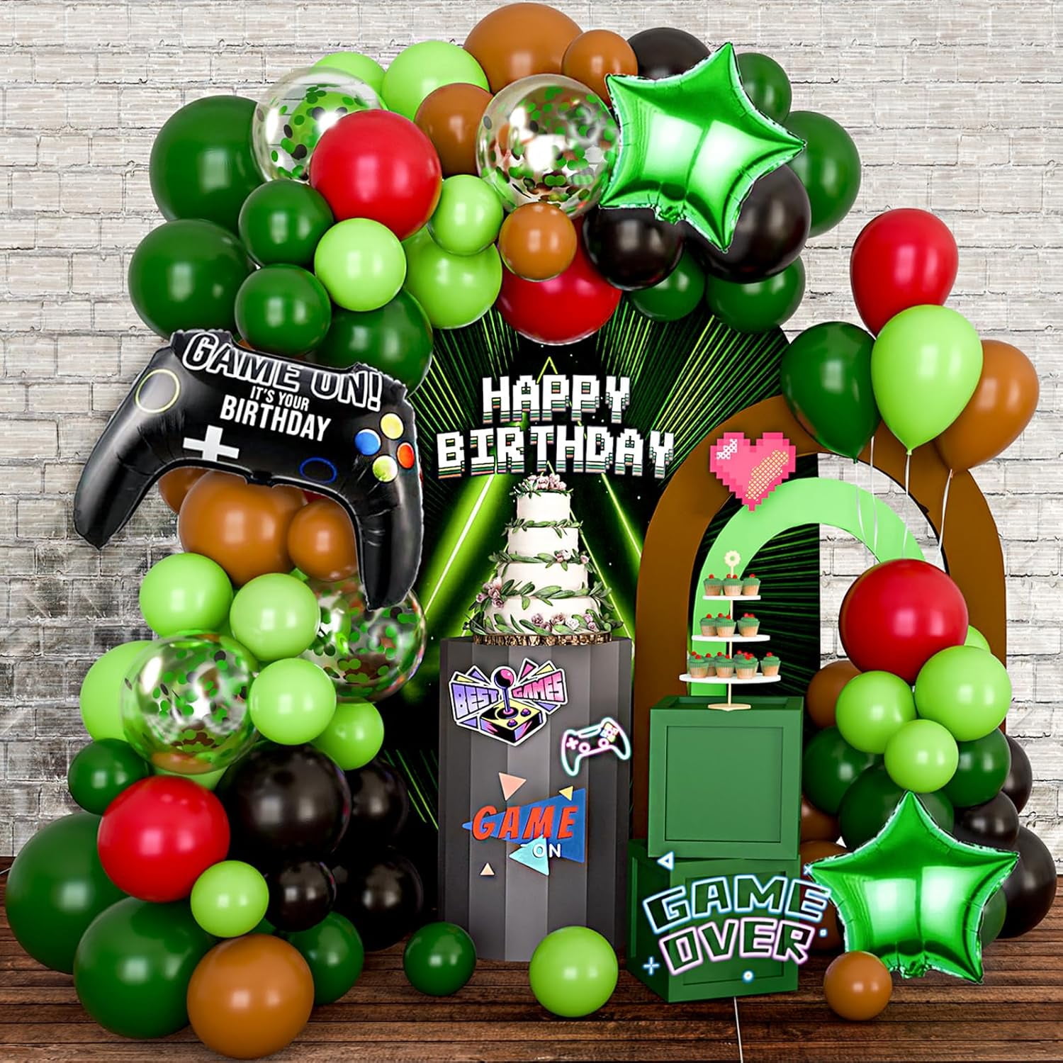 Balloon Arch Garland with Green Brown Black Balloons and Star Confetti for Video Game Theme Birthday Baby Shower Graduation Party Decorations
