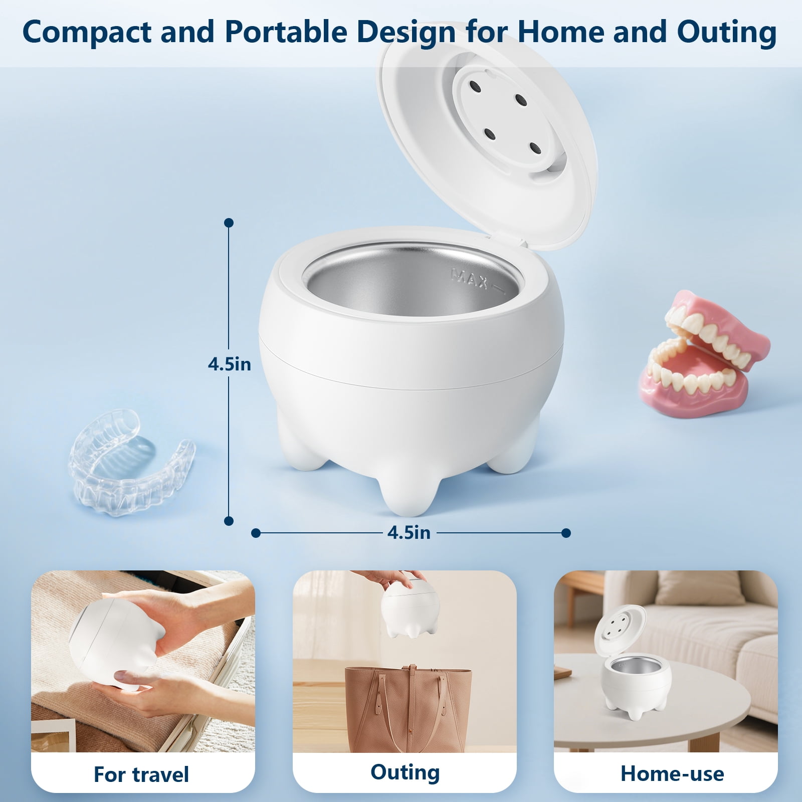 Ultrasonic Retainer Cleaner, 45kHz Ultrasonic Retainer Cleaner Machine Dental Pod, Denture Cleaner for Aligners, Dentures, Night Guards, Jewelry & Rings, Low Noise Compact Cleaner, White