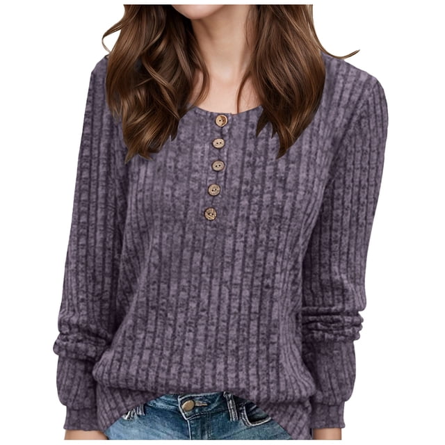 NINGMENG Womens Tops Solid Color Long Sleeve Tunic Crew Neck Sweaters Trendy Tops Pullover Tee Shirts Daily-Wear,Purple,M