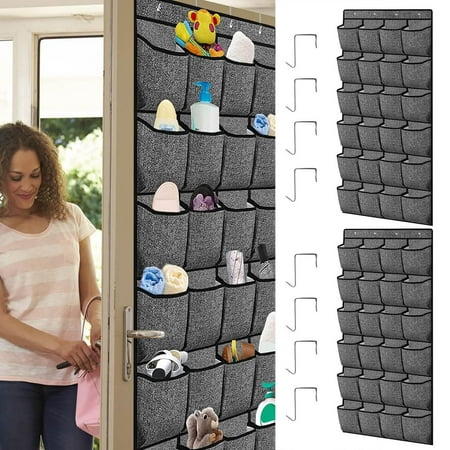 Home Textile Storage Solution for Organization Over Door Shoe Organizer with 24 Pockets Wall Mounted Fabric Shoe Holder Hanging Rack with 4 Stainless Steel Hooks for Closet Entryway Bathroom