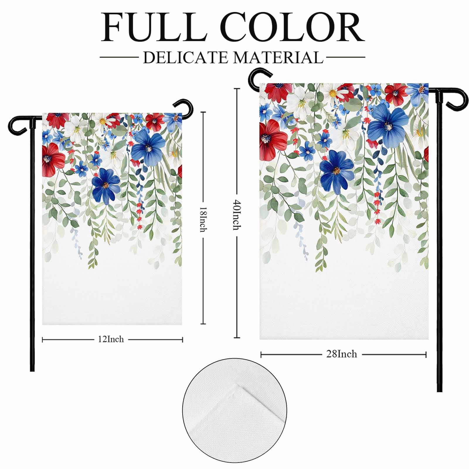 4th of July Garden Flags Red Blue Floral Garden Flag Double Sided Welcome Flag Eucalyptus Leaf Branch Independence Day Yard Flags for Outdoor Lawn Porch Memorial Day Holiday Decor 28x40 Inch