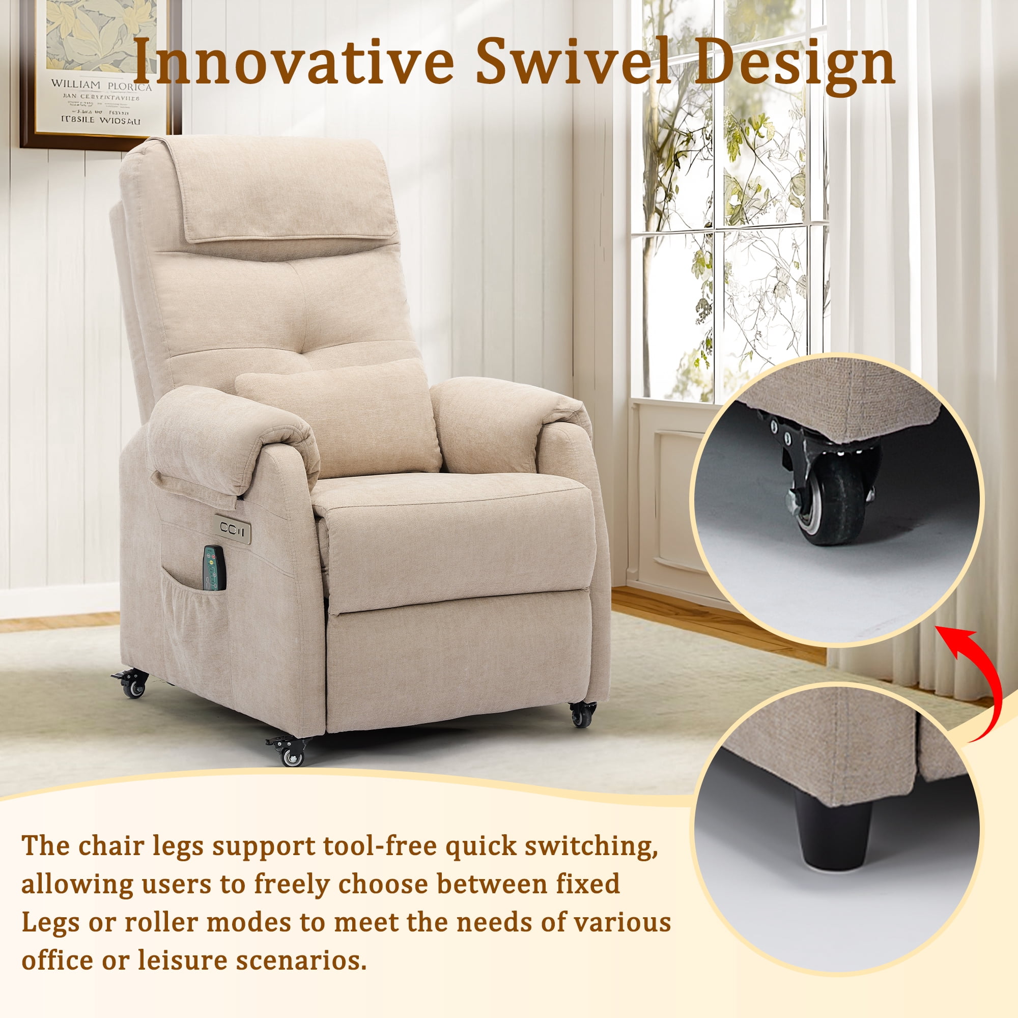 Korser Power Small Recliner Chair for Small Spaces with Wheels and USB Ports for Living Room,Khaki