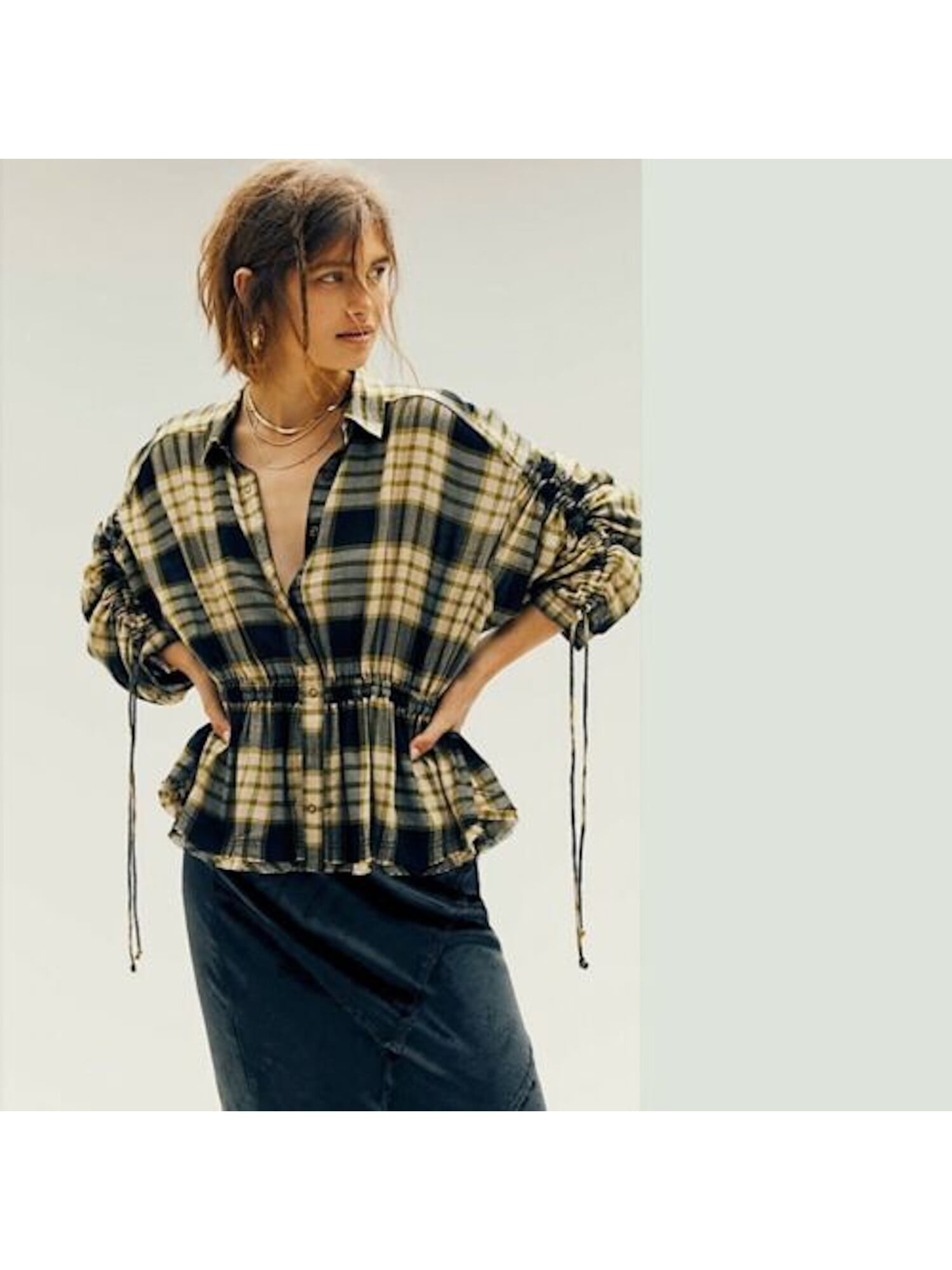 FREE PEOPLE Womens Green Plaid Long 