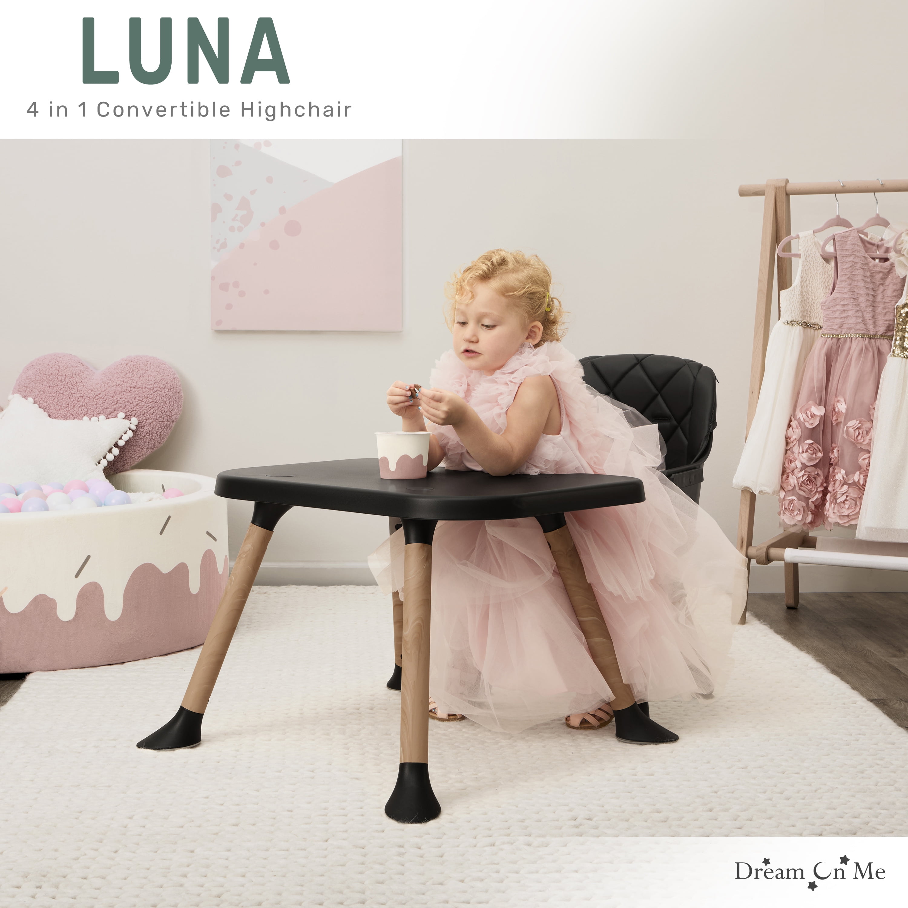 Dream On Me Luna 4 in 1 convertible Highchair, Black