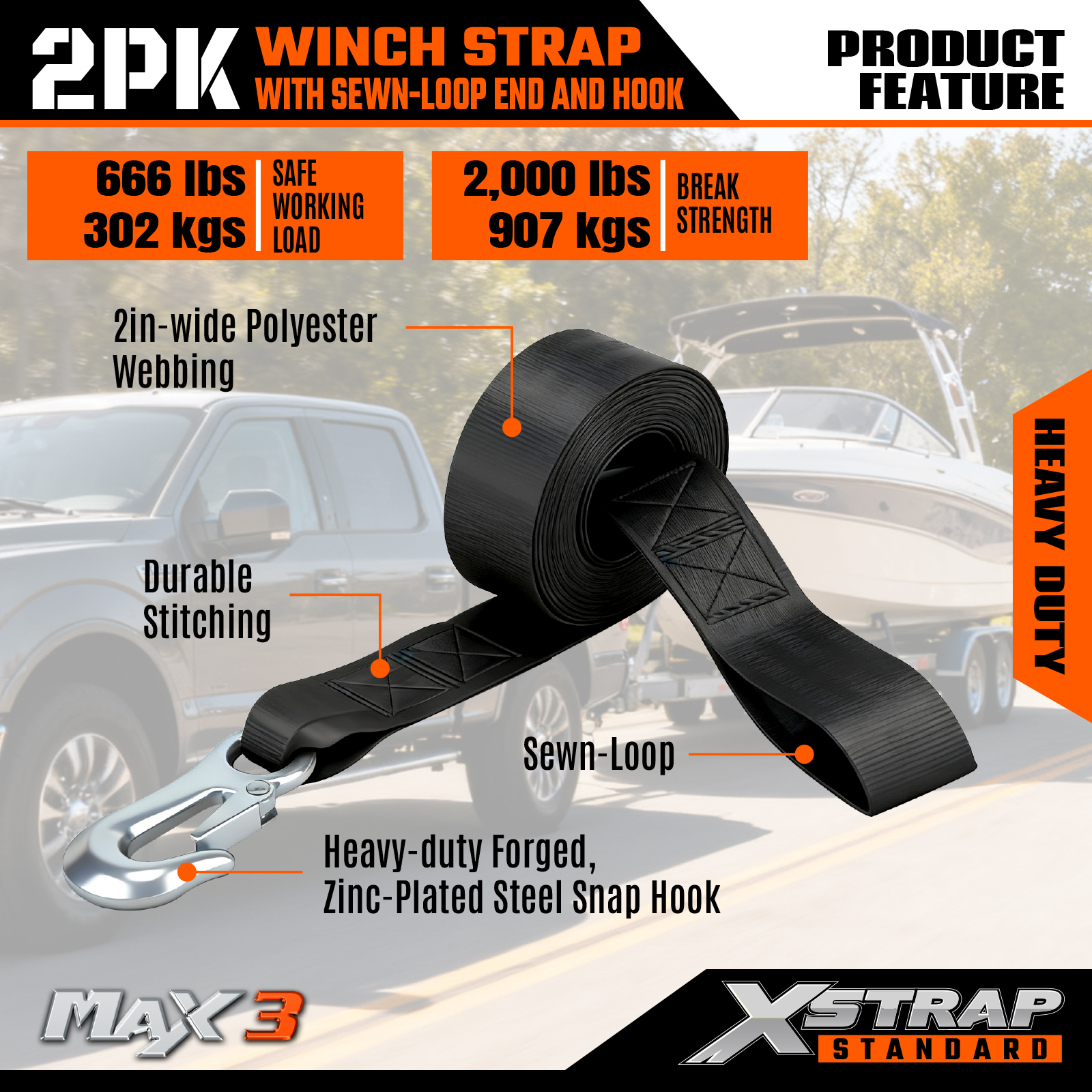 XSTRAP 2 pk 2" x 20' Boat Winch Strap with Hook