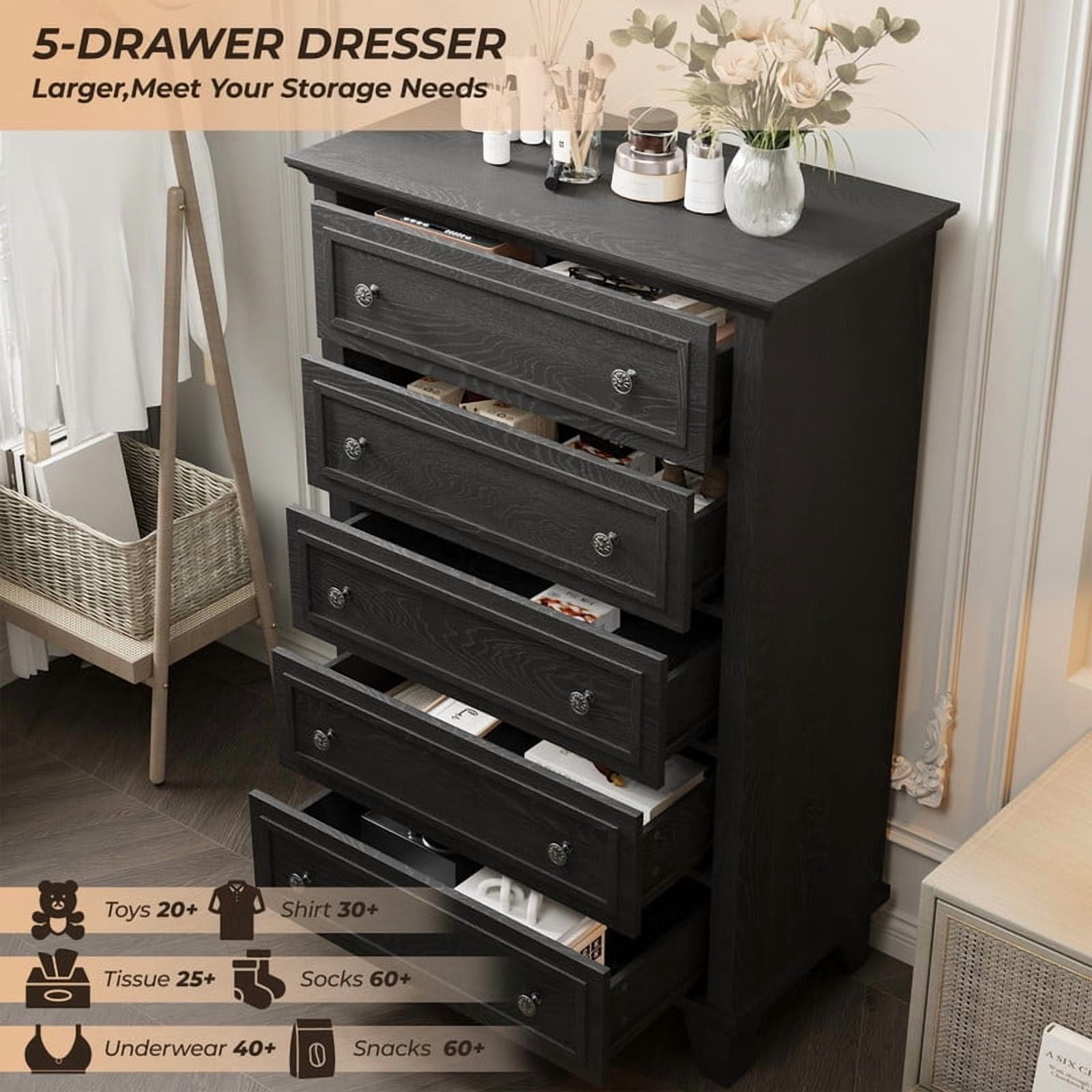 TROPOW 5 Drawer Dresser for Bedroom, 48" Tall Wood Dresser & Chests of Drawers with Deep Drawers, Modern Chest Organizer with Metal Handles for Living Room, Hallway, Entryway