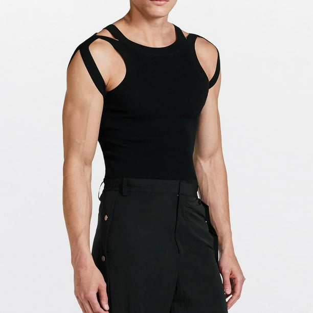 pstuiky Camisetas sin mangas para hombre, Top ajustado europeo y elástico con tirantes personalizados, hombros inclinados y tejido ahuecado. Tops elegantes para mujer s