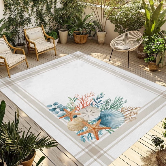 Coastal Starfish Outdoor Rug for Patio/Deck/Porch, Non-Slip Large Area Rug 5 x 8 Ft, Nautical Shells Coral Eucalyptus Stripes Indoor Outdoor Rugs Washable Area Rugs, Camping Rug Carpet Runner