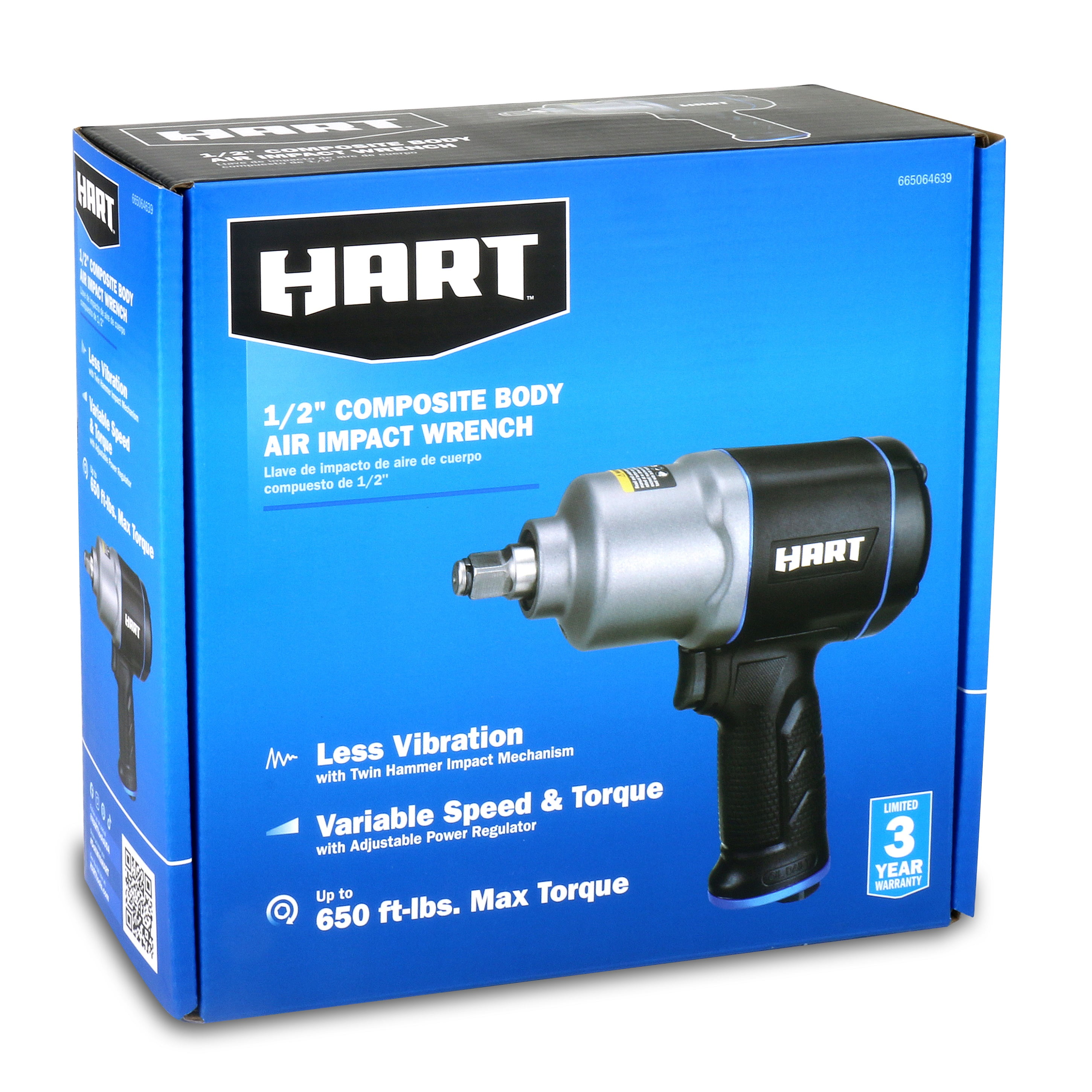 HART 1/2 in. Composite Body Air Impact Wrench, Powerful Twin-hammer Impact Mechanism, Max. Torque of 650 ft-lbs., New