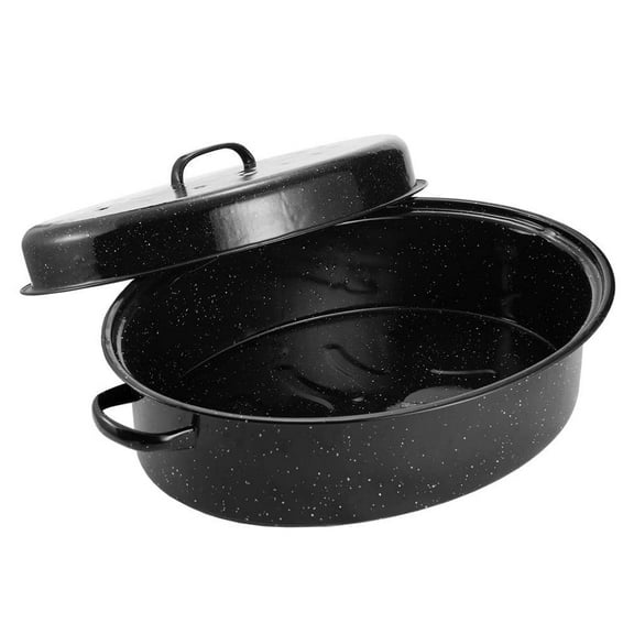 10 qt. Black Enameled Porcelain Roasting Pan with Domed Lid, Oval Turkey Roaster Pot, Broiler Pan for 18 lb. Turkey