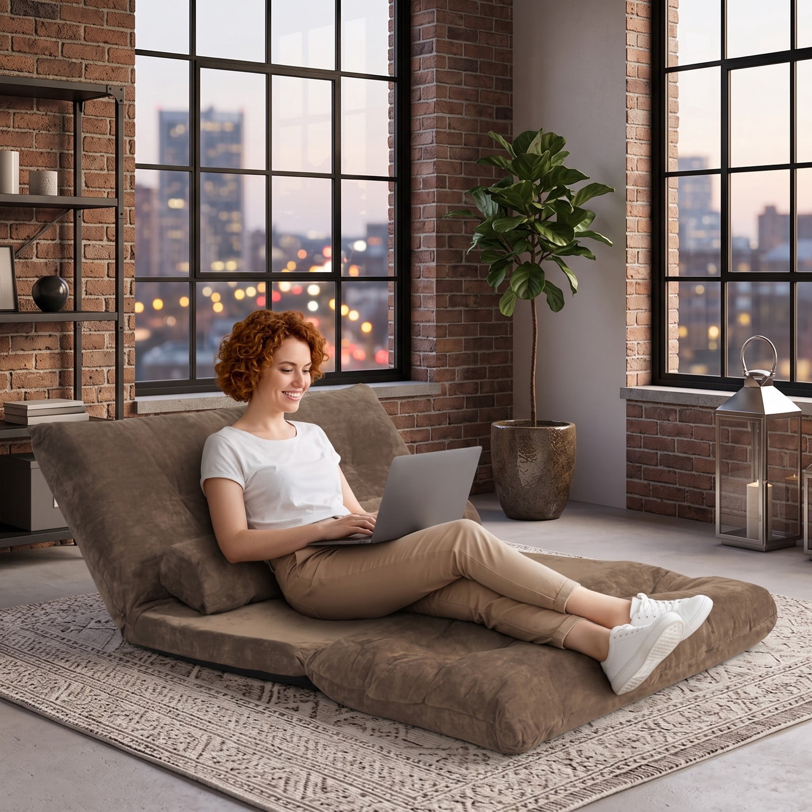 Furnibear 6-Position Adjustable Floor Sofa Bed, Foldable Sleeper Lounge Couch with 2 Pillows, Padded Corduroy Recliner Chair for Living Room Bedroom, 330, Coffee Brown