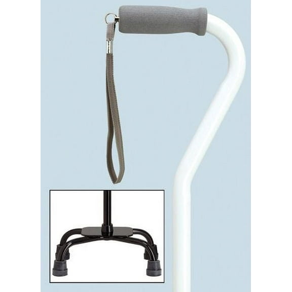 Quad Cane Adjustable White Small base 5" x 8" with center balance offset handle and nylon security nut