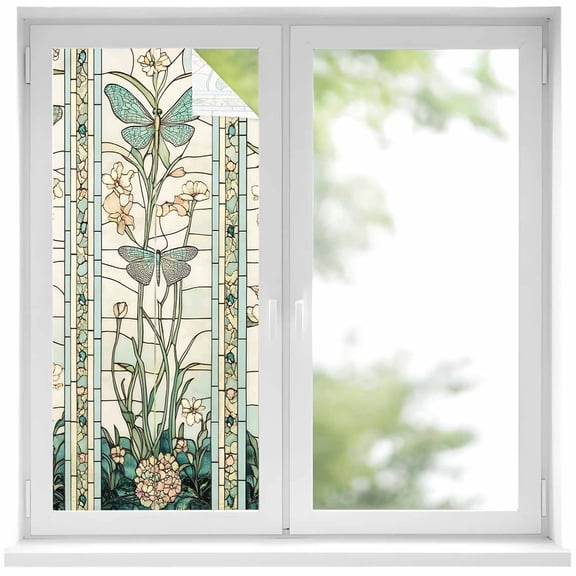 Vintage Butterfly Window Privacy Film, Pastoral Botanical Teal Spring Summer Static Cling UV Sun Blocking Heat Control Window Tint, Non-Adhesive One Way Windows Privacy Cover 17.7''x39.3''