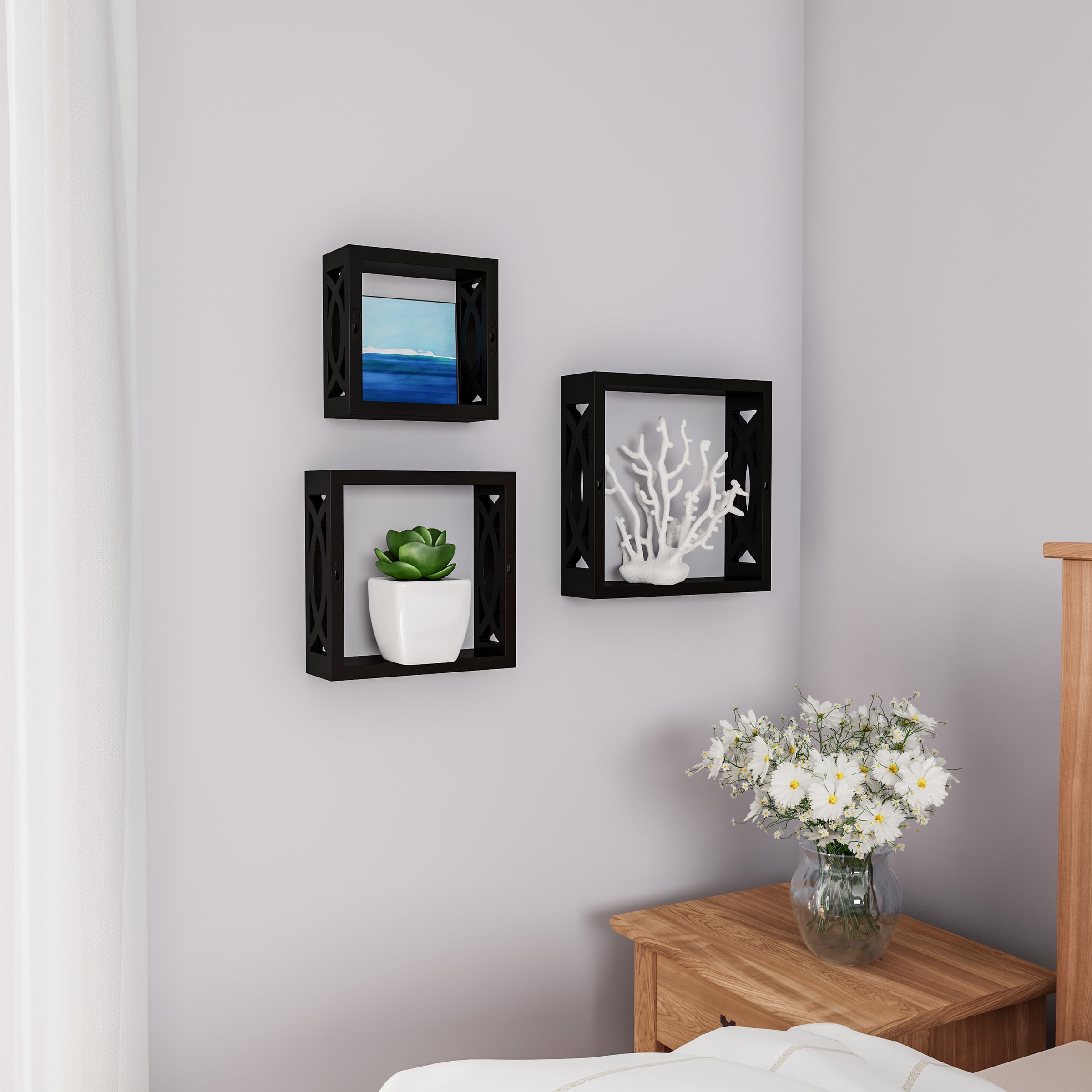 Floating Shelves- Open Cube Wall Shelf Set with Hidden Brackets, 3 Sizes to Display Decor, Photos, More- Hardware Included by Lavish Home (Black)