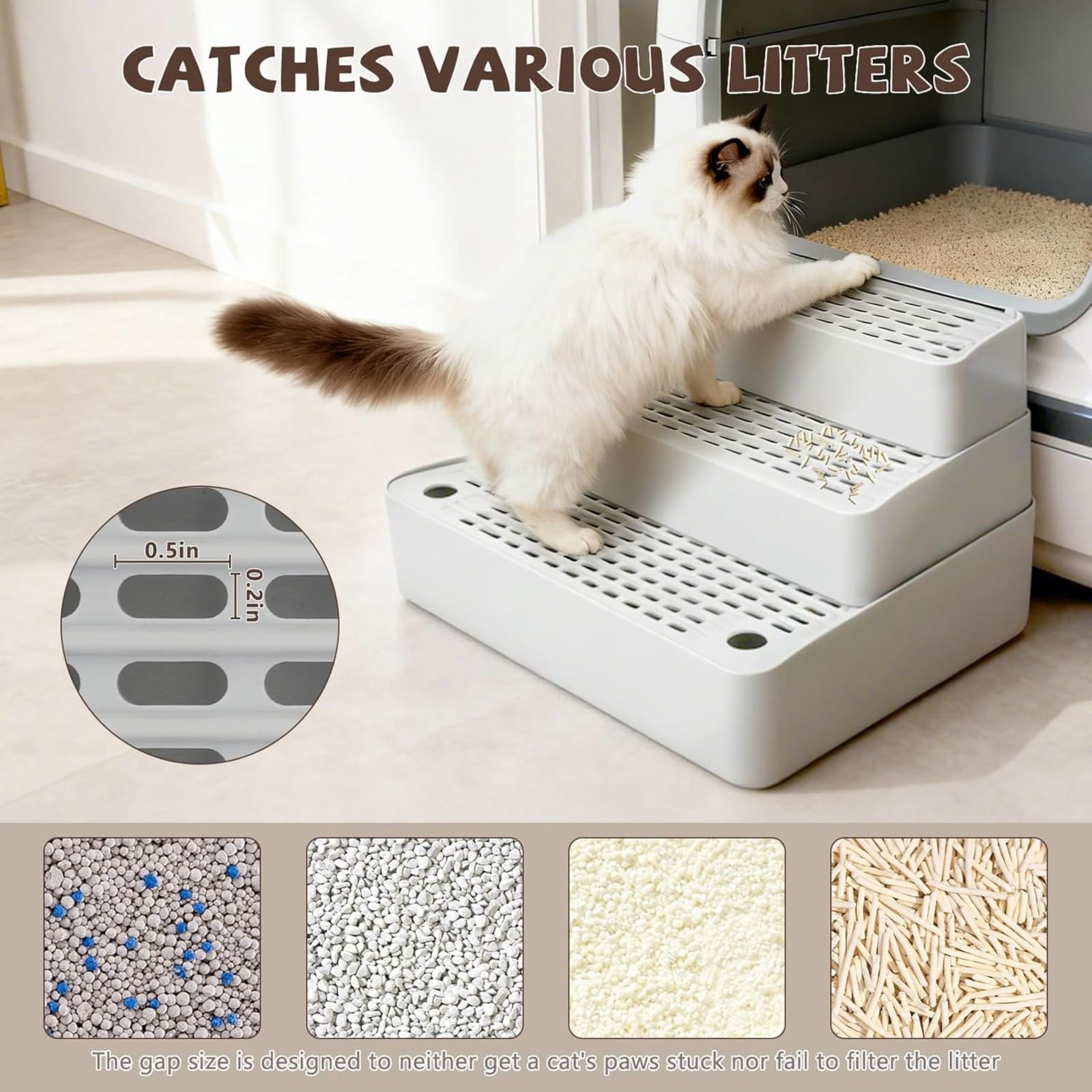 Adjustable Litter Box Step Ramp, 3-Step Litter Catcher Tray, for Auto Litter Robots, Easy Clean, for Kittens and Senior Cats