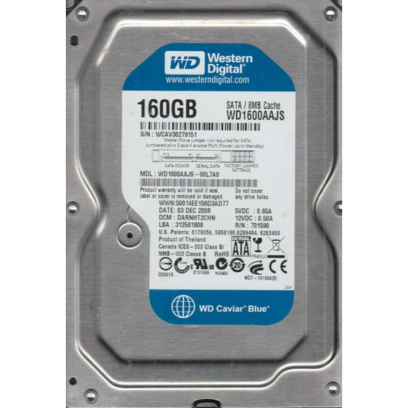 WD1600AAJS-00L7A0, DCM DARNHT2CHN, Western Digital 160GB SATA 3.5 Hard Drive