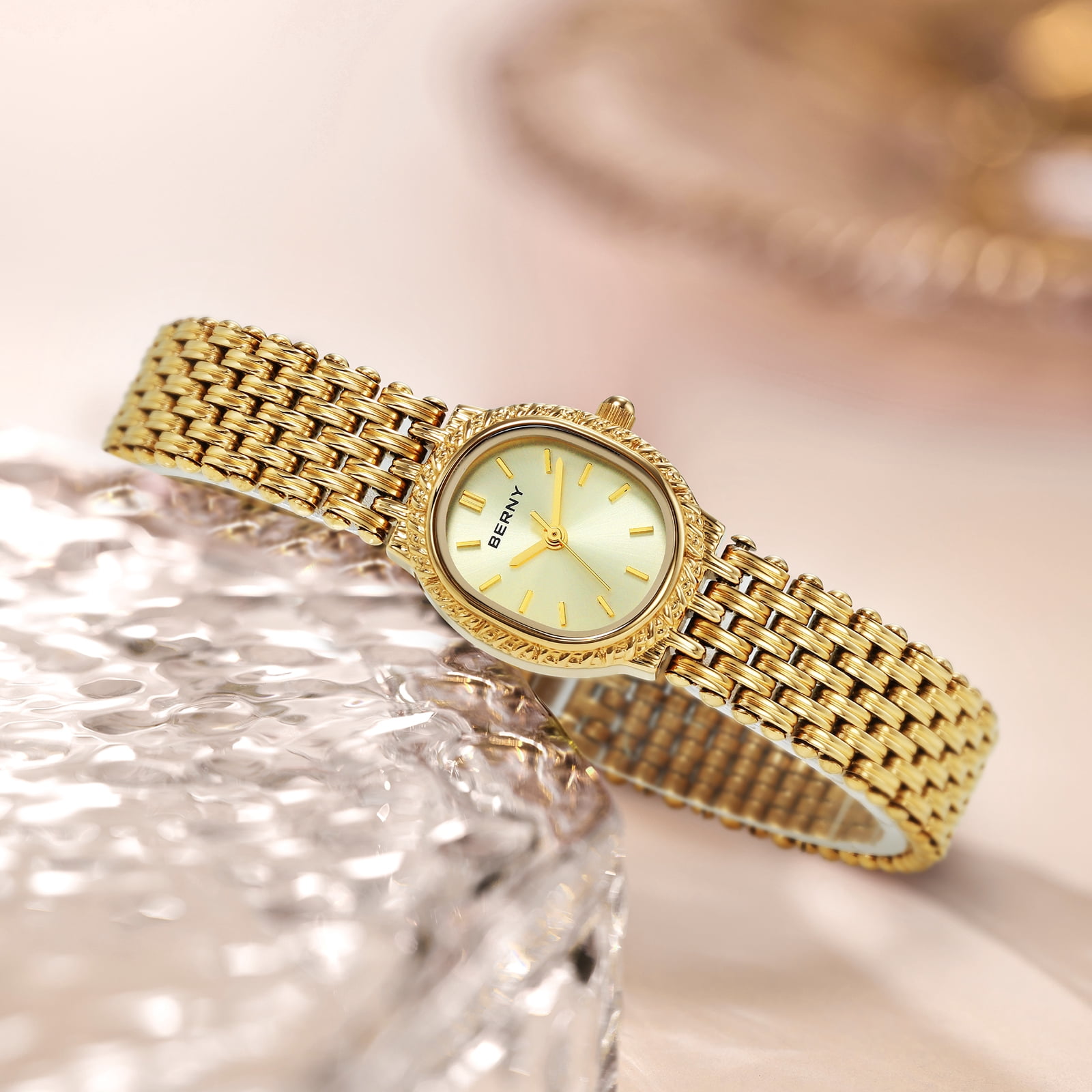 BERNY Small Gold Watches for Women, Dainty Vintage Oval Dial Stainless Steel Bracelet Watch, Adjustment Tool Included, Waterproof, Minimalist Luxury Ladies Analog Quartz Wrist Watch (Gold)