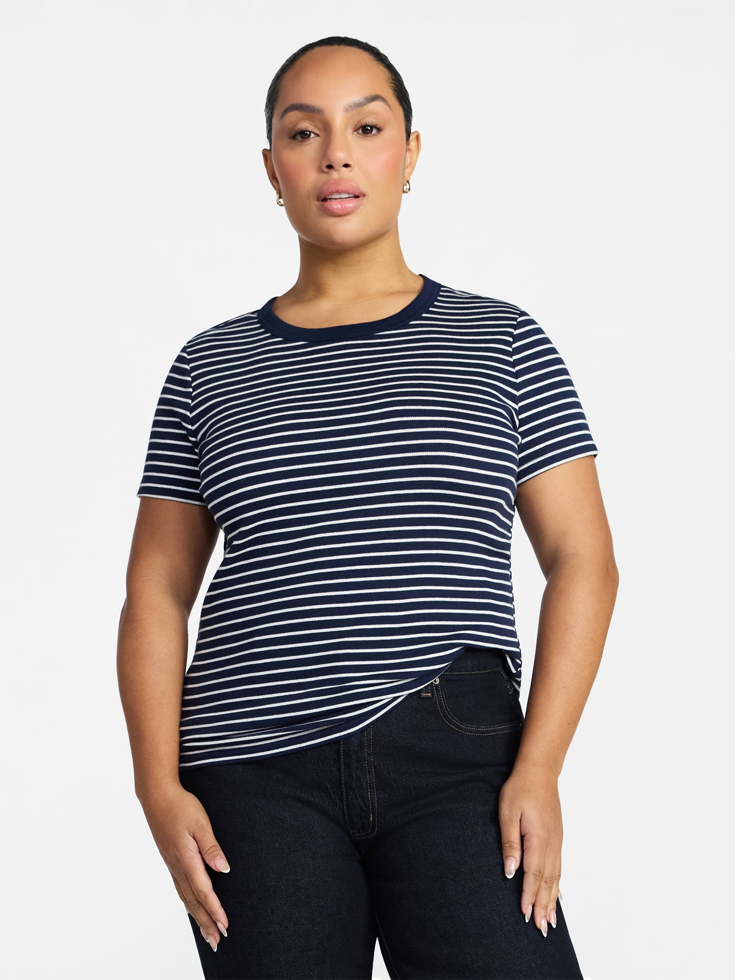 Time and Tru Women's Ribbed Tee with Short Sleeves, Sizes XS-XXXL