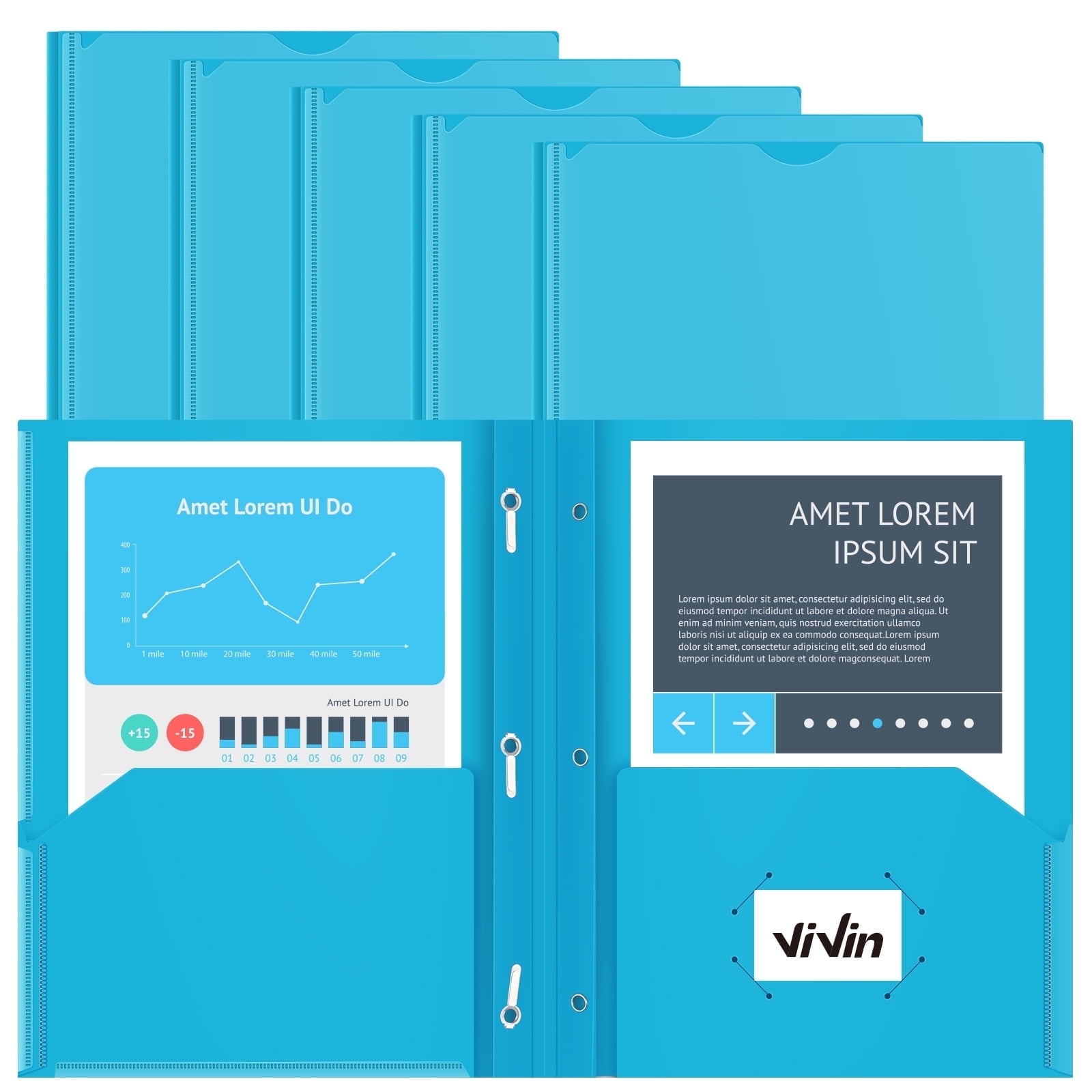 ViVin 10-Pack Plastic Folders with Clear Front Pocket and 3-Prongs, Heavy-duty 11.81x9.53x.13 inch, Sky Blue
