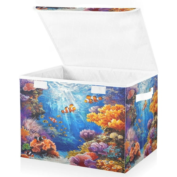 Ryvnso Clownfish Corals in Ocean Large Lidded Foldable Storage Baskets Cubes Boxes Lids Bin for Home