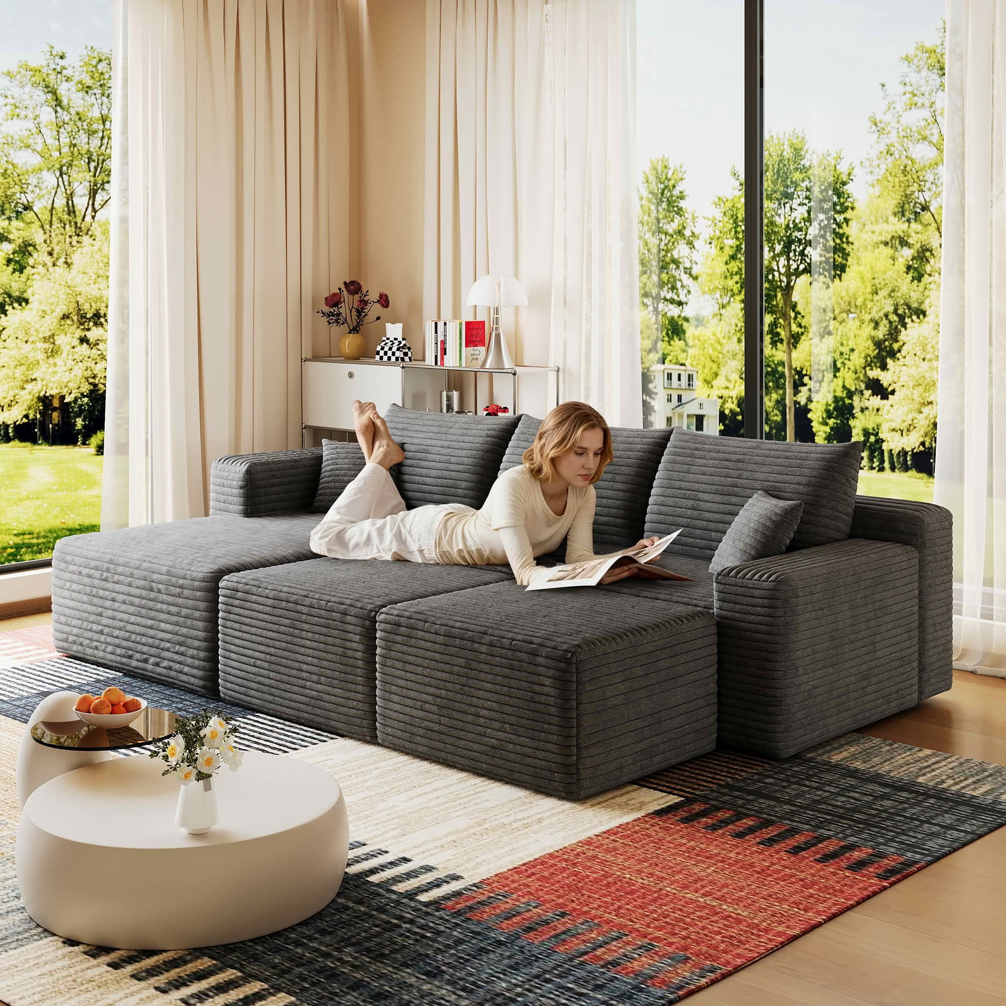 MAYEERTY 95" Corduroy U-Shaped Sectional Sofa with 2 Ottomans, Deep Seat Cloud Couch, No Assembly Leisure Sofa for Home
