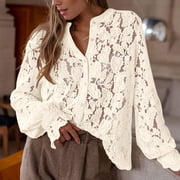 Seductiva Button Shirts for Women Women's Casual Lace Blouse Long Sleeve Button Up Shirts Tops Fall Fashion Clothes Business Casual Work Tops Women Shirts Summer