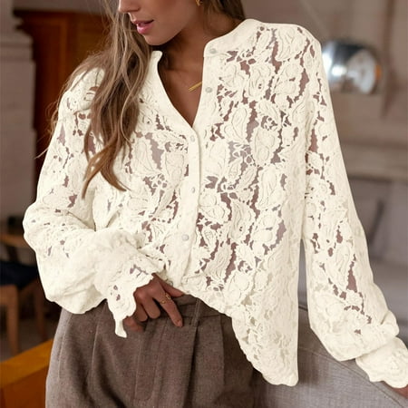 Seductiva Button Shirts for Women Women's Casual Lace Blouse Long Sleeve Button Up Shirts Tops Fall Fashion Clothes Business Casual Work Tops Women Shirts Summer