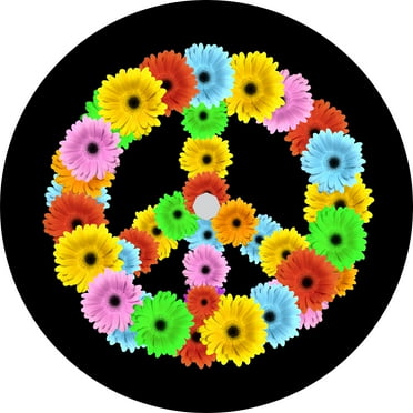 Tire Cover Central Flower Power Black Vinyl 255/70r18 Center Camera Opening