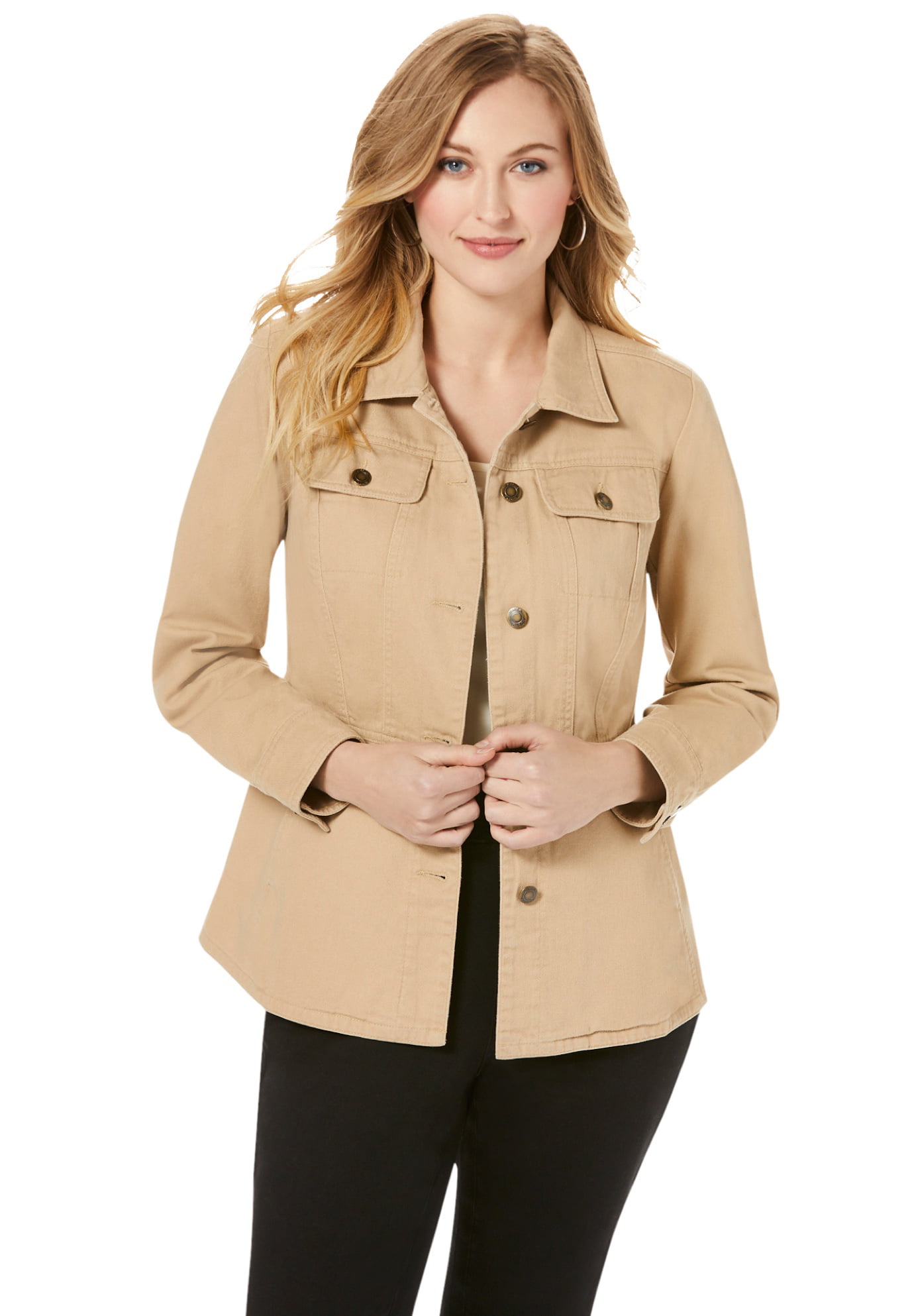 Jessica London Womens Plus Size Button Front Peplum Denim Jacket Feminine Jean Jacket