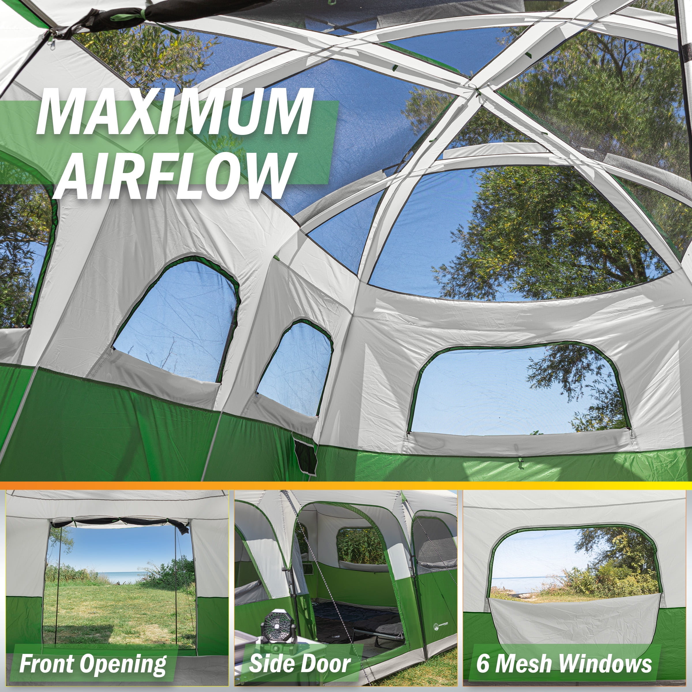 Wakeman Outdoors 12 Person Large Camping Tent - Tall Family Cabin Shelter with Room Dividers, Green